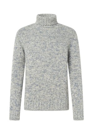 Grau-weiß melierter Strick-Rollkragenpullover mit langen Ärmeln sowie gerippten Bündchen und Saum, gezeigt vor weißem Hintergrund.