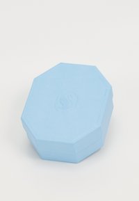 Light blue octagonal box made of textured paper. Features a subtle embossed logo on the top, with smooth edges and a flat base.