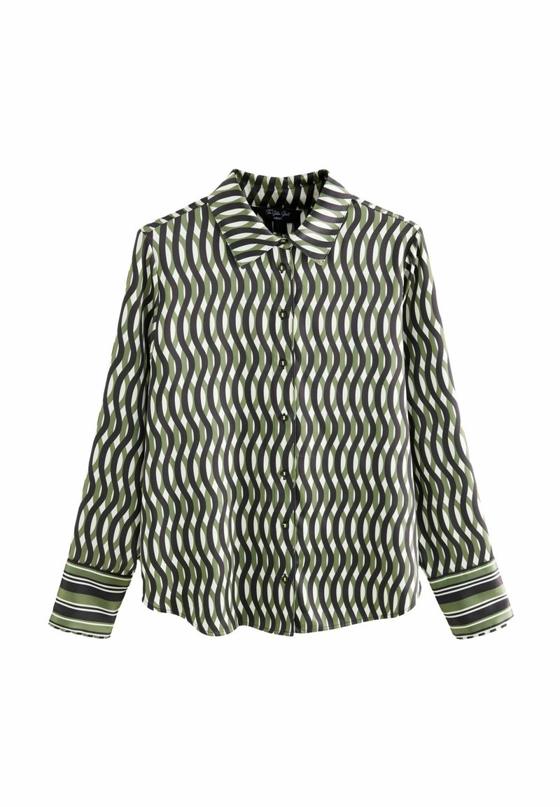 Groene lange mouwen shirt met een golfpatroon in wit en donkergroen; beschikt over een puntkraag, knopen aan de voorkant en gestreepte manchetten.