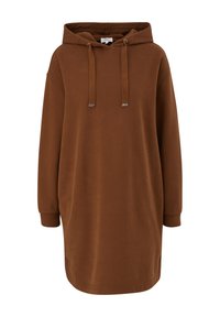 Vestito felpa lungo marrone con cappuccio, coulisse frontali e polsini a coste sulle maniche lunghe.