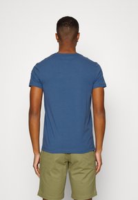 Blue cotton short-sleeve T-shirt with a crew neckline and a relaxed fit, viewed from the back, paired with light green shorts.