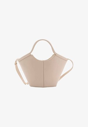 Sac à main en cuir beige avec une forme unique, doté de deux poignées courtes et d'une longue sangle réglable. Texture lisse avec un minimum de matériel.