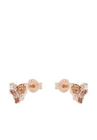 Ohrringe aus Roségold mit einem Schmetterlingsdesign, ausgestattet mit einem großen, multifazettierten Pfirsichstein und kleineren klaren Steinen, gesichert mit einem Steckverschluss.