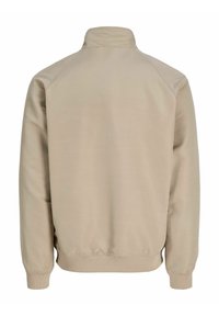 Μπεζ μακρυμάνικο μπουφάν με ψηλό γιακά, ελαστικά μανίκια και μέση, εμφανίζεται από πίσω σε λευκό φόντο.