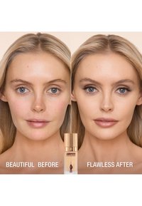 Two side-by-side portraits of a woman. Left: bare skin with visible imperfections. Right: smooth makeup application. Central foundation bottle.