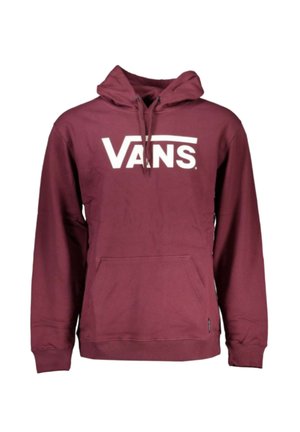 Mørkerød hættejakke med en kengurulomme, der har et stort hvidt "VANS"-logo på forsiden. Lavet af blødt bomuldsblandingsstof. Justerbar hætte med snøre.