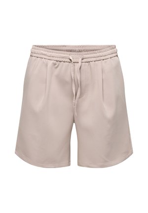 Short beige taille élastique avec cordon à l’avant et poches latérales, fabriqué en tissu lisse, présenté sur fond blanc.