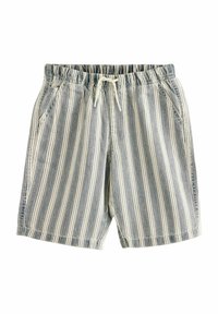 Shorts rayés en coton bleu et blanc, avec une taille élastique, un cordon de serrage et des poches latérales. Texture douce et design décontracté.