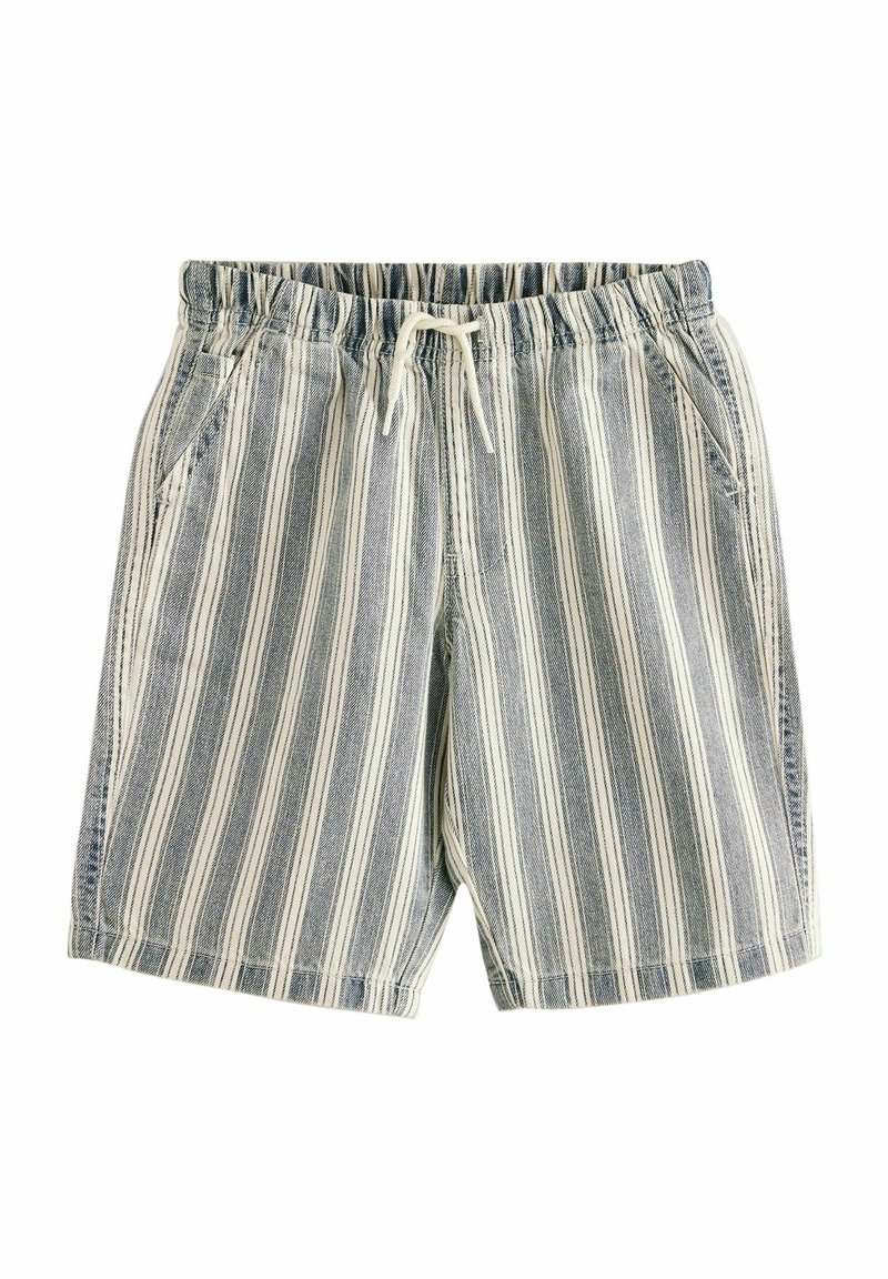 Shorts rayés en coton bleu et blanc, avec une taille élastique, un cordon de serrage et des poches latérales. Texture douce et design décontracté.