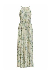 Abito maxi floreale con scollatura all'americana, design plissettato e tessuto morbido in crema chiaro con stampe botaniche verdi, blu e rosa.