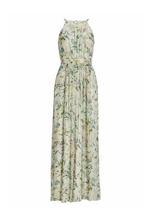 Robe maxi florale avec un col en halter, un design plissé et un tissu doux en crème clair orné de motifs botaniques verts, bleus et roses.