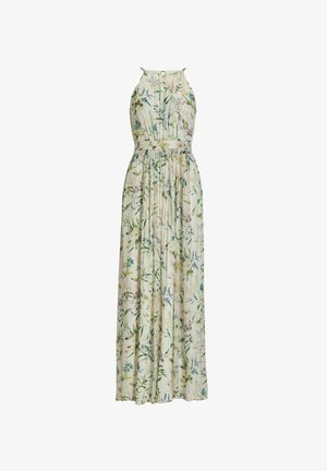 Robe maxi florale avec un col en halter, un design plissé et un tissu doux en crème clair orné de motifs botaniques verts, bleus et roses.