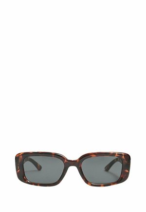 Tortoiseshell sunglasses with rectangular lenses, thick frames, and dark tinted lenses. Smooth texture and minimalistic design.