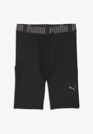 Shorts a compressione neri marchiati Puma con tasca laterale e logo sulla parte bassa della gamba sinistra.