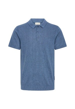 Polo met korte mouwen in een gemêleerde blauwe stof, voorzien van een kraag, een drieknopenlijst en een geribbelde zoom. Zachte textuur en lichtgewicht ontwerp.
