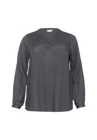 Tamno siva bluza dugih rukava s opuštenim krojem, V-izrezom i nabranim manžetama, izrađena od glatkog, laganog materijala.