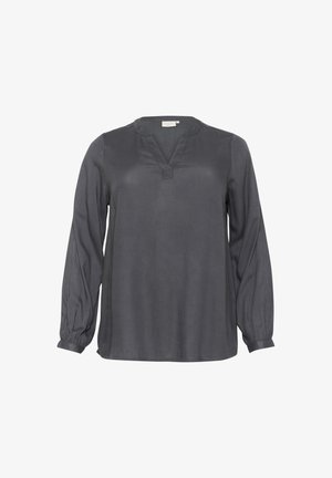 Donkergrijze blouse met lange mouwen, een ruime pasvorm, V-hals en gather-mouwen, gemaakt van een soepele, lichte stof.