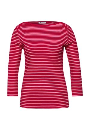 Camisa roja de manga larga con rayas horizontales blancas y cuello redondo, mostrada sobre un fondo blanco.