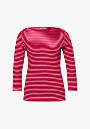 Camisa roja de manga larga con rayas horizontales blancas y cuello redondo, mostrada sobre un fondo blanco.