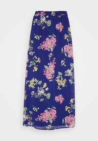 Blå maxikjol med rosa, gula och vita blommönster samt gröna blad, med en åtsittande midja och flödande tyg.