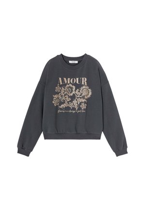 Sweat-shirt gris foncé avec un col rond, des épaules tombantes et des poignets côtelés. Présente un imprimé floral doré et le texte "AMOUR" dans une police élégante.