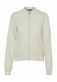 Ljusfärgad bomberjacka av mjukt tyg. Har rund halsringning, framfäste dragkedja, elastiska ärmslut och sidofickor. Slät textur.