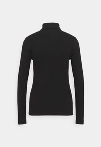 Haut noir à manches longues et col roulé avec une silhouette ajustée. Texture lisse, sans motifs, présente un col haut et un design simple.