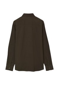 Camicetta verde scuro a maniche lunghe, realizzata in cotone, con colletto standard e polsini con bottone. Semplice, di colore uniforme senza motivi visibili.