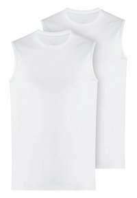 Two white sleeveless t-shirts made of smooth cotton, featuring a crew neckline and straight hem, with a plain design and no visible logos.