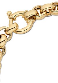 Goldfarbener Gliederarmreif mit abwechselnd glatten und strukturierten Gliedern, ausgestattet mit einem sicheren Verschluss und glänzender Metalloberfläche.