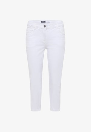 White slim-fit ankle-length jeans with front pockets, belt loops, and button closure from the brand Cecil.