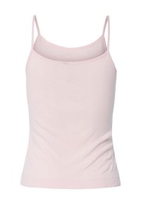Světle růžový těsný top na ramínka s tenkými popruhy, texturovanou žebrovanou tkaninou a rovný výstřih. Jednoduchý design bez dalších ozdob.