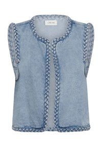 Šviesiai mėlynas džinso berankovis liemenėlis su pintu apvadu palei kraštus, atvira priekiu ir viduje ant apykaklės esančia prekės ženklo etikete „CREAM“.