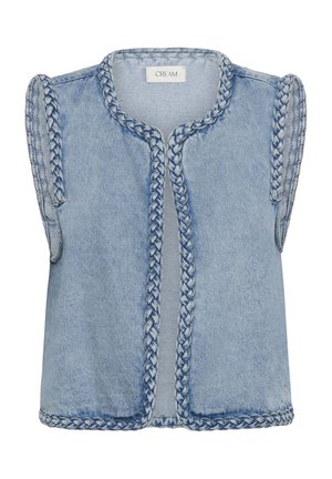 Veste sans manches en denim bleu clair avec bordure tressée le long des bords, devant ouvert, et étiquette de marque "CREAM" à l'intérieur du col.