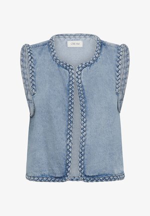 Veste sans manches en denim bleu clair avec bordure tressée le long des bords, devant ouvert, et étiquette de marque "CREAM" à l'intérieur du col.