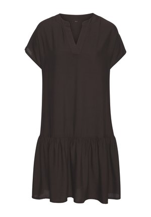 Schwarzes kurzärmeliges Kleid mit V-Ausschnitt und gerafftem Stufenrock, lockerem Sitz und leichtem Stoff.