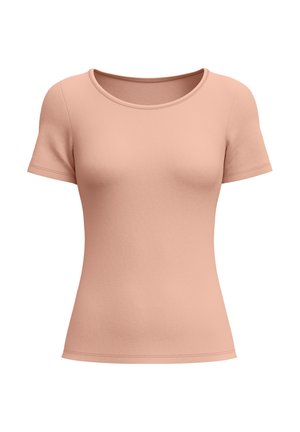 Short-sleeve, fitted, peach-colored women's top with a round neckline, displayed on a white background.