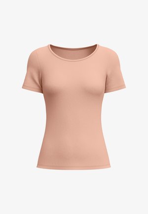Kurzärmliges, tailliertes Damenoberteil in Pfirsichfarbe mit rundem Ausschnitt, auf weißem Hintergrund dargestellt.