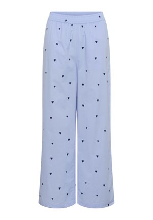 Lichtblauwe wijdvallende broek gemaakt van zachte stof, met een patroon van kleine marineblauwe hartjes overal. Elastische tailleband voor flexibiliteit.