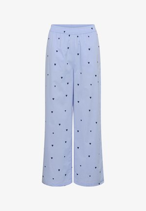 Light blue wide-leg pants made of soft fabric, featuring a pattern of small navy hearts throughout. Elastic waistband for flexibility.