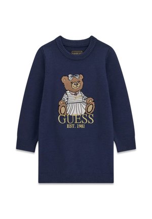 Robe-pull bleu marine pour enfants avec un ours en peluche portant une robe rayée et un nœud, et le mot "GUESS EST. 1981" brodé en dessous.