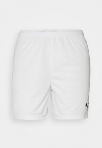 Weiße Sportshorts aus leichtem Stoff, mit einem elastischen Bund und einem schwarzen Puma-Logo auf der unteren linken Seite.