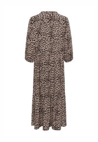 Haljina s leopard uzorkom u bež i crnoj boji, s višeslojnim dizajnom, kratkim rukavima i ovratnikom, izrađena od mekog, laganog materijala.