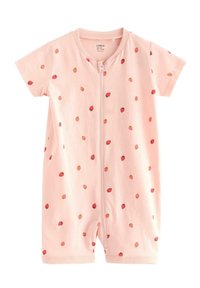 Tutina rosa a maniche corte con zip frontale, decorata con una stampa di fragole ripetuta in rosso e verde. Tessuto in cotone morbido.