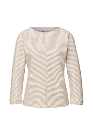 Jasnobeżowy sweter z poziomymi i ukośnymi paskami, okrągłym dekoltem i rękawami do ćwiartki długości. Wykonany z teksturowanej tkaniny.