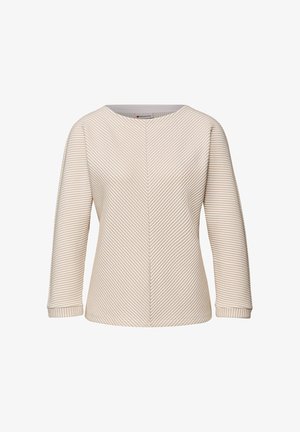Jasnobeżowy sweter z poziomymi i ukośnymi paskami, okrągłym dekoltem i rękawami do ćwiartki długości. Wykonany z teksturowanej tkaniny.