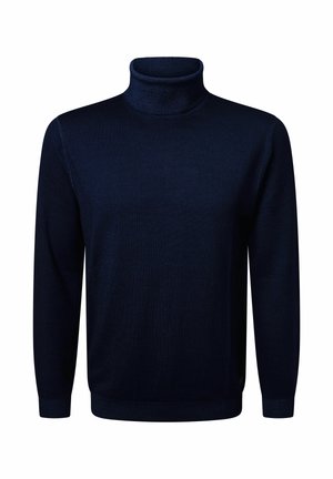 Marineblauer Rollkragenpullover mit langen Ärmeln, geripptem Kragen und Bündchen, aus weichem, glattem Stoff gefertigt. Minimalistisches Design ohne sichtbare Muster.