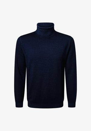 Marineblauer Rollkragenpullover mit langen Ärmeln, geripptem Kragen und Bündchen, aus weichem, glattem Stoff gefertigt. Minimalistisches Design ohne sichtbare Muster.