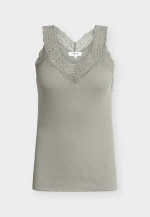 Camiseta sin mangas de canalé en verde apagado con borde de encaje floral alrededor del escote en V y los hombros, talla pequeña.