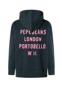 Felpa di un blu navy scuro realizzata in tessuto morbido, con una scritta rosa in grassetto: "PEPE JEANS LONDON PORTOBELLO W.11." sul retro. Cappuccio regolabile.